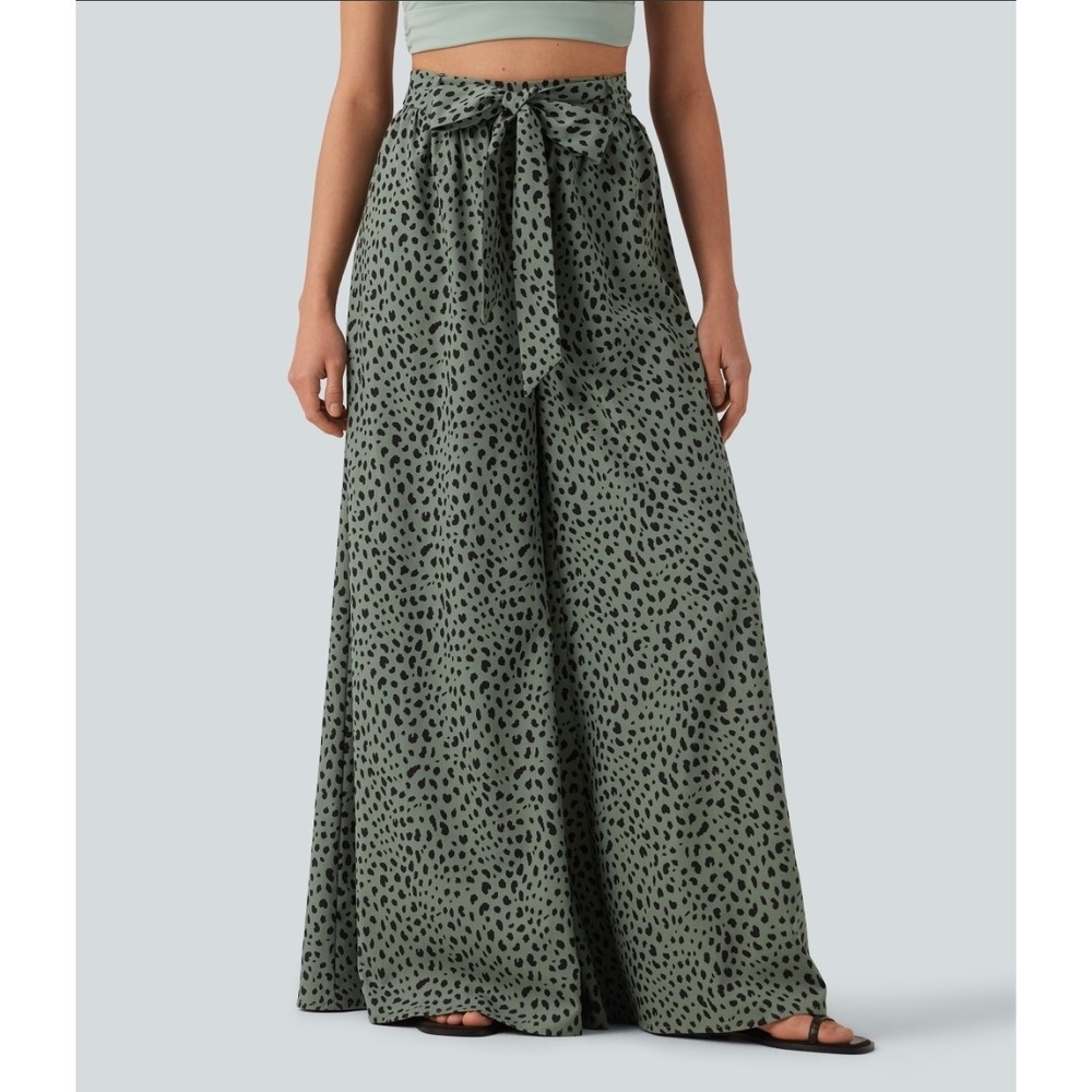 Halara High Waisted Tie Front Wide Leg Leopard Pants Women's S Regular NWT